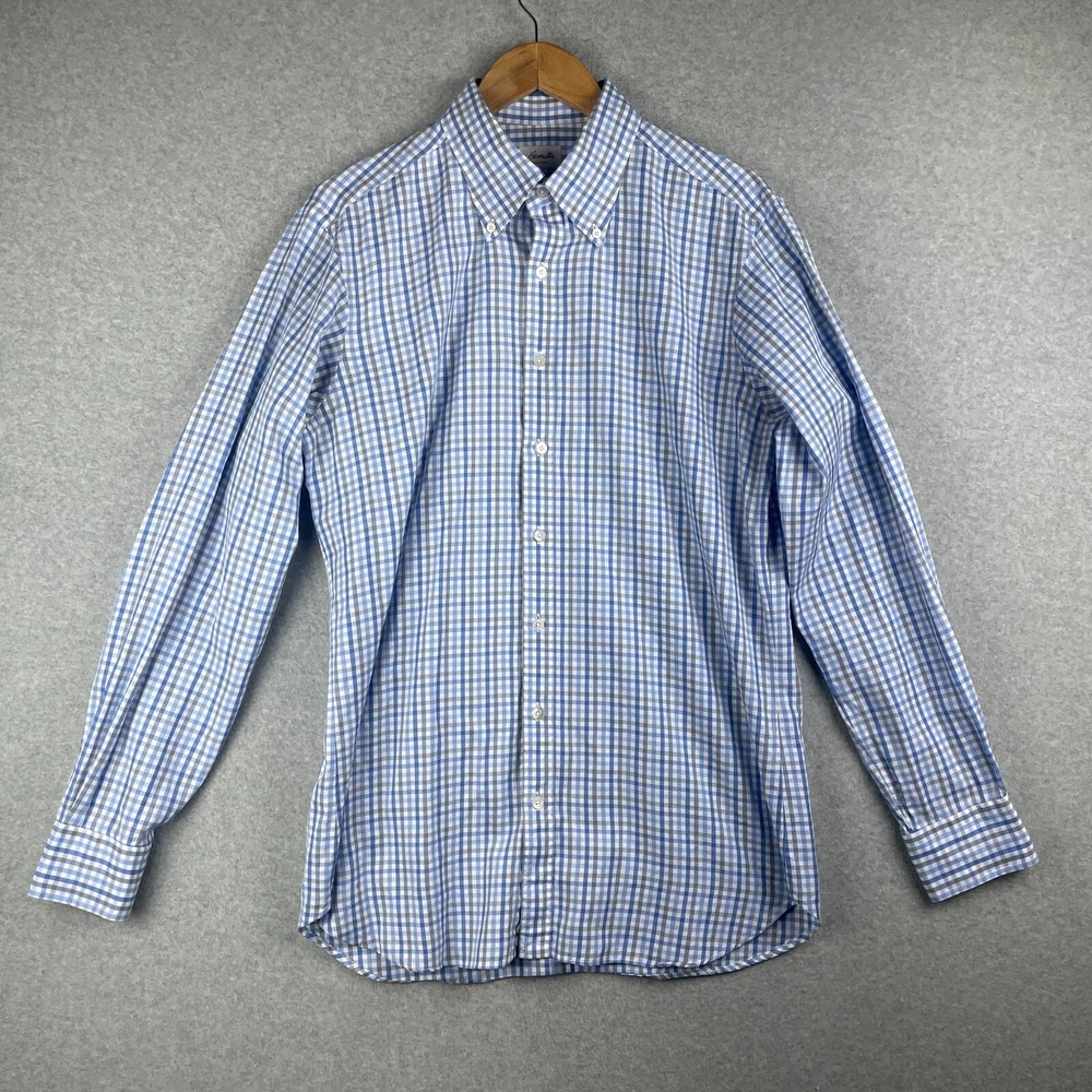 Hamilton Shirt Mens Medium Large Blue Check Plaid Button Up Feb 14 Made In USA